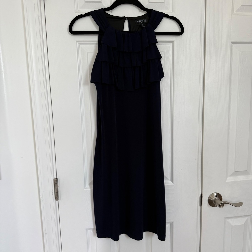 Enfocus Studio Minimalist Navy Blue Ruffle Tiered Halter Neck Shift Dress 6 EUC